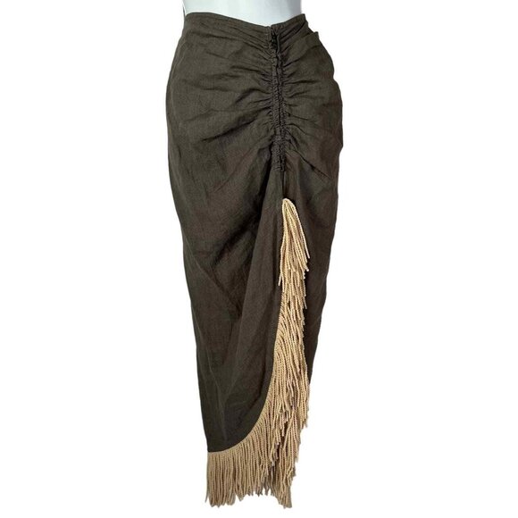 Just Queen Bee 100% Linen Skirt Gray Heavy Fringe HIgh Low...